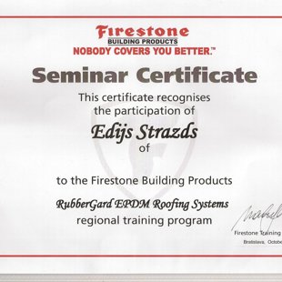 Firestone Seminārs Bratislavā par EPDM membrānu, mūsu sertifikāti