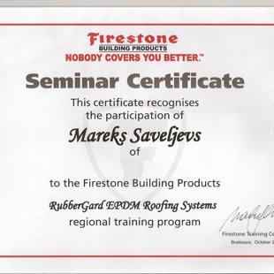 Firestone Seminārs Bratislavā par EPDM membrānu, mūsu sertifikāti