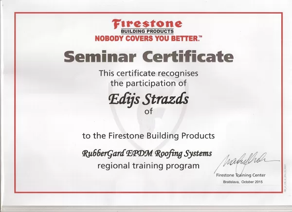 Firestone Seminārs Bratislavā par EPDM membrānu, mūsu sertifikāti