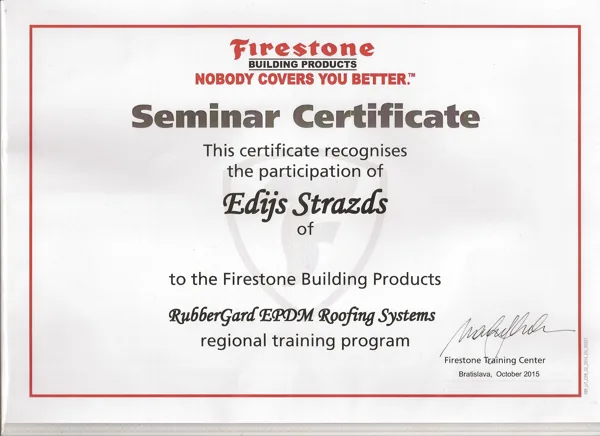 Firestone Seminārs Bratislavā par EPDM membrānu, mūsu sertifikāti